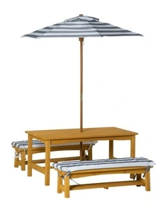 Table & Bench Set - Umbrella & Cushions - Grey & White