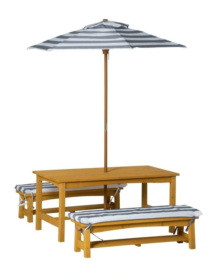 Table & Bench Set - Umbrella & Cushions - Grey & White image 1