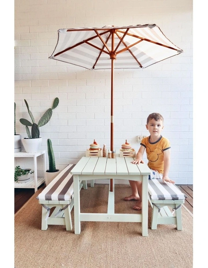 Table & Bench Set - Umbrella & Cushions - Grey & White image 3
