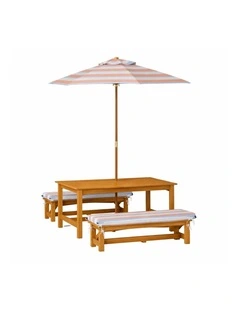 Table & Bench Set - Umbrella & Cushions - Peach & White