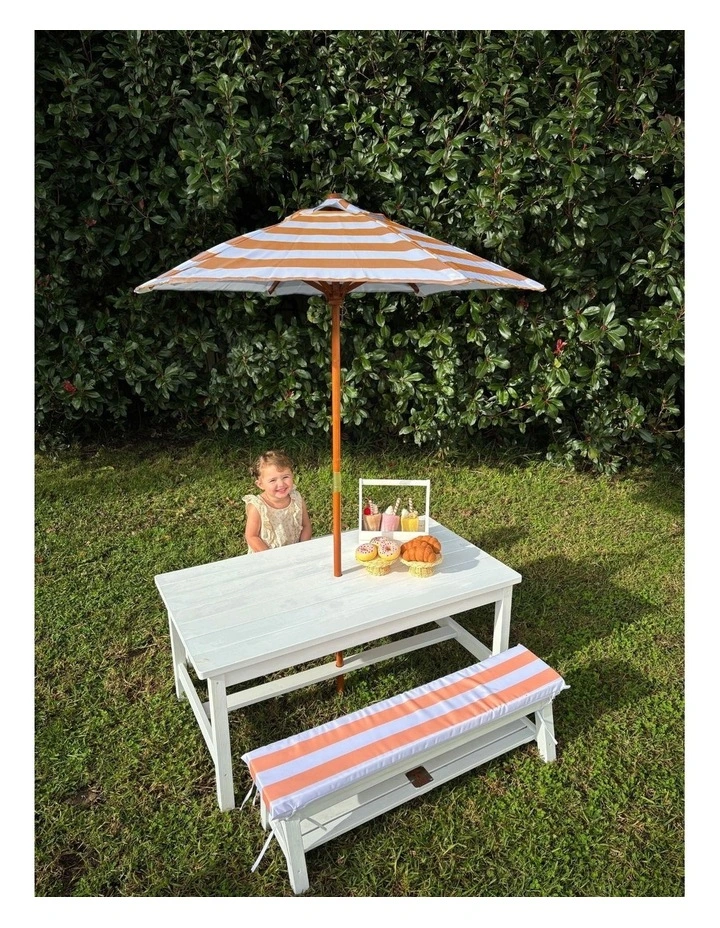 Table & Bench Set - Umbrella & Cushions - Peach & White image 3