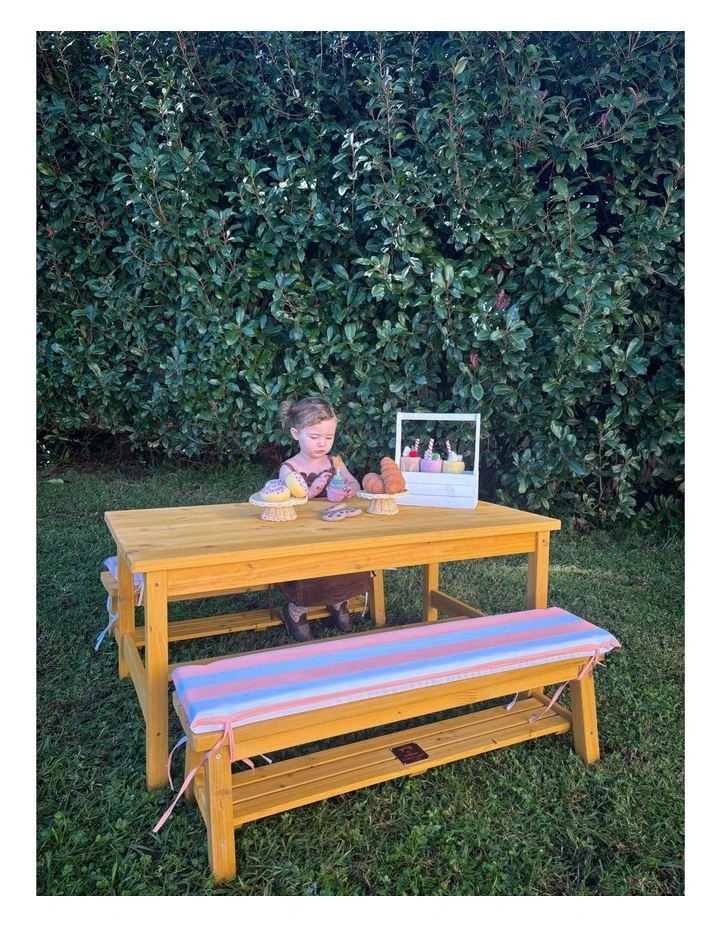 Table & Bench Set - Umbrella & Cushions - Peach & White image 4