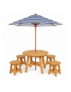 Round Kids Picnic Table - Umbrella & Stools - Navy & White