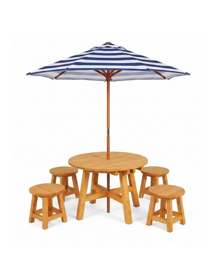 Round Kids Picnic Table - Umbrella & Stools - Navy & White image 1