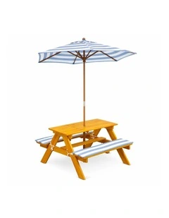 Kids Picnic Table - Umbrella & Cushions - Light Grey & White