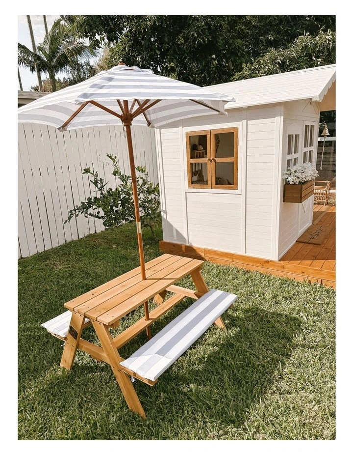 Kids Picnic Table - Umbrella & Cushions - Light Grey & White image 3