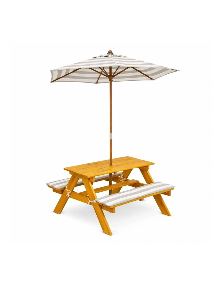 Kids Picnic Table - Umbrella & Cushions - Grey & White image 1