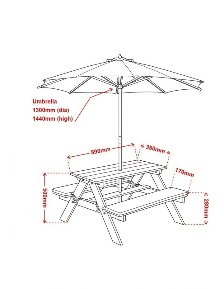 Kids Picnic Table - Umbrella & Cushions - Grey & White image 2
