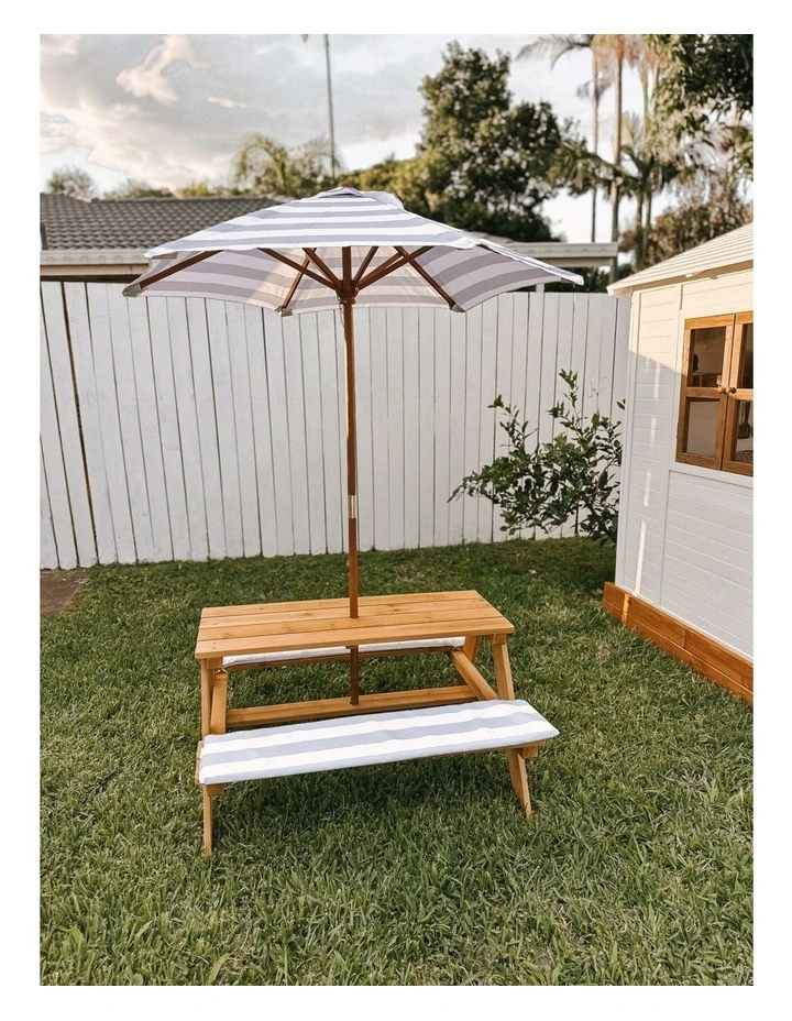Kids Picnic Table - Umbrella & Cushions - Grey & White image 3