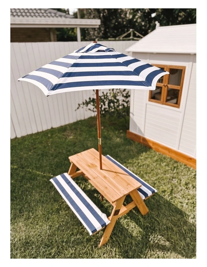 Kids Picnic Table - Umbrella & Cushions - Navy & White image 2