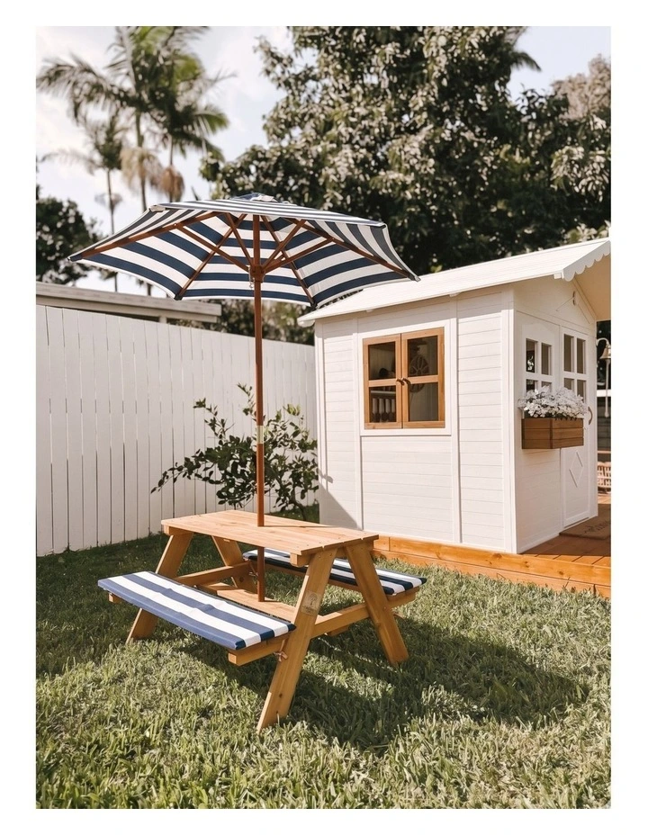 Kids Picnic Table - Umbrella & Cushions - Navy & White image 4