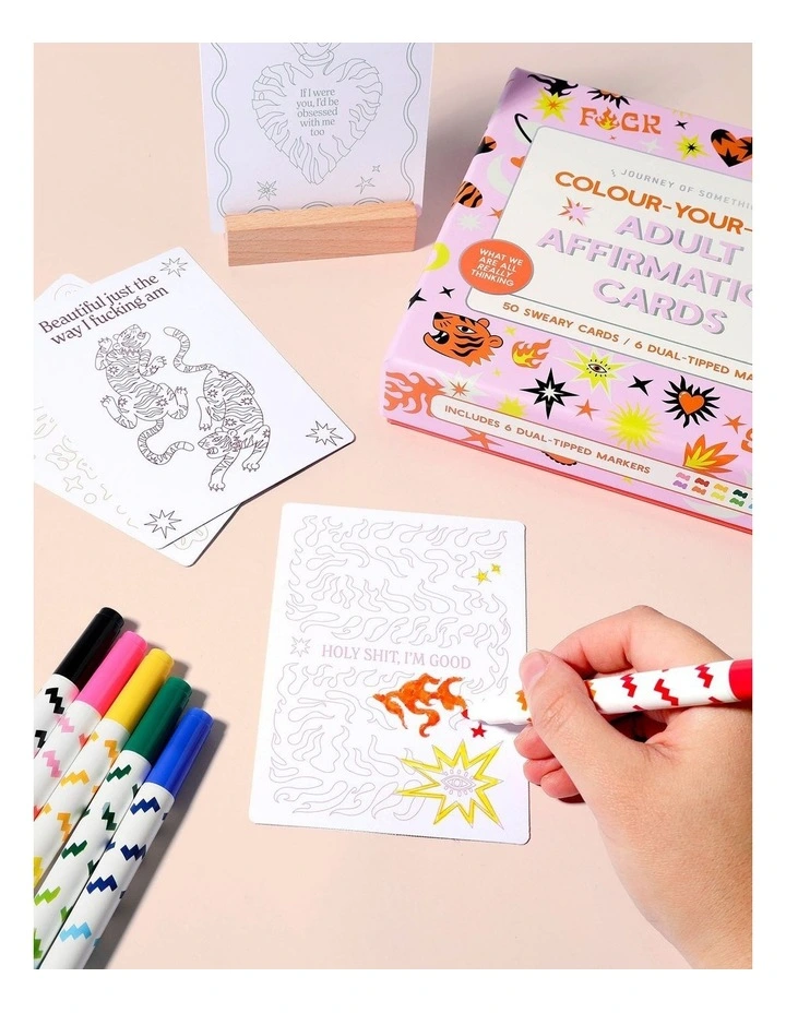 50 Cards With Wooden Stand And 6 Markers Colour Your Own Affirmation Cards image 3