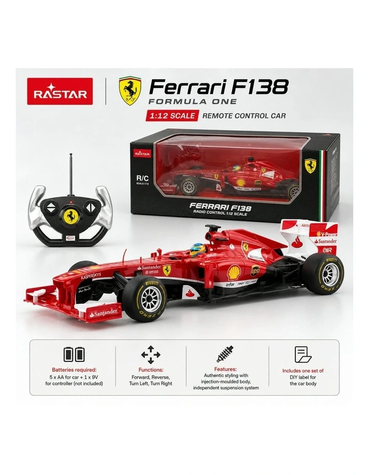 Rastar 1:12 Ferrari F138 F1 Remote Control Car Officially Licensed image 5