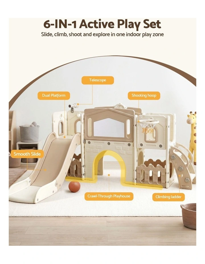 Keezi Kids Slide Set Toddler Indoor Playset With Drawing Board Beige image 4