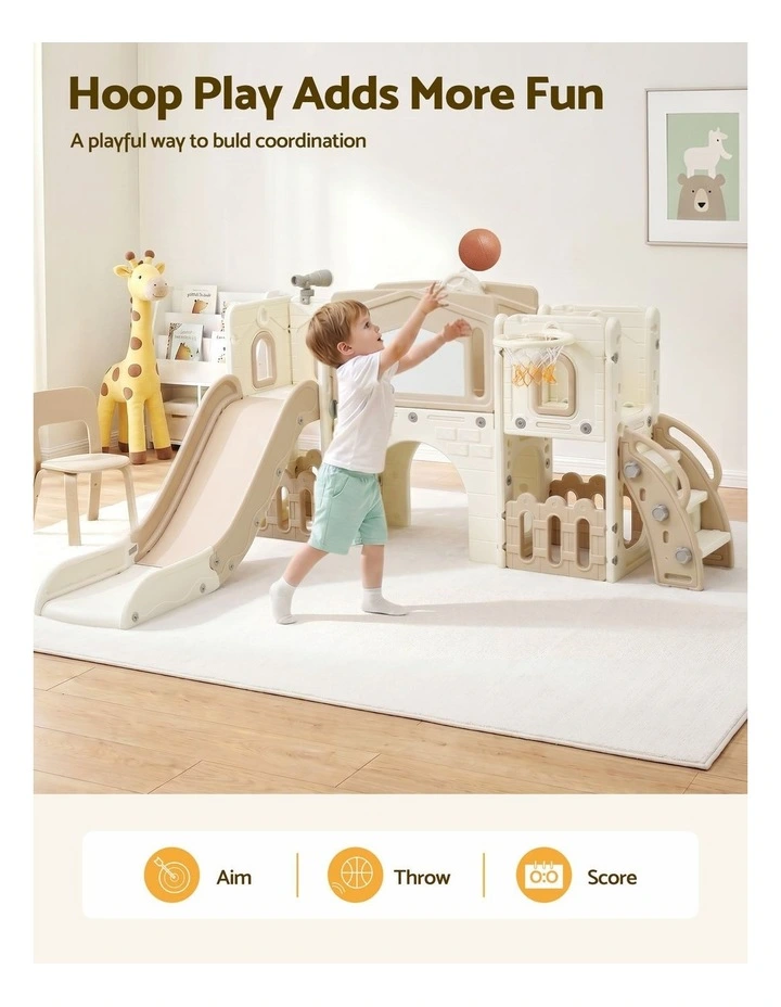 Keezi Kids Slide Set Toddler Indoor Playset With Drawing Board Beige image 5