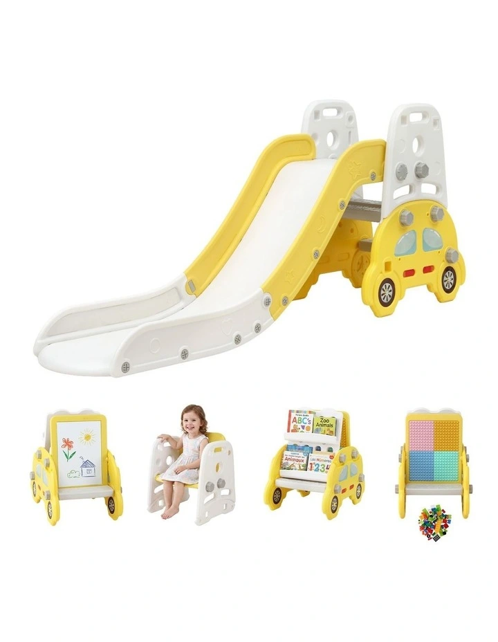 Keezi Kids Slide Set Toddler Indoor Playset Bookshelf Drawing Board Yellow image 1