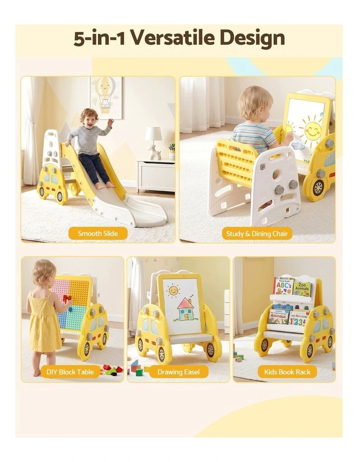 Keezi Kids Slide Set Toddler Indoor Playset Bookshelf Drawing Board Yellow image 4