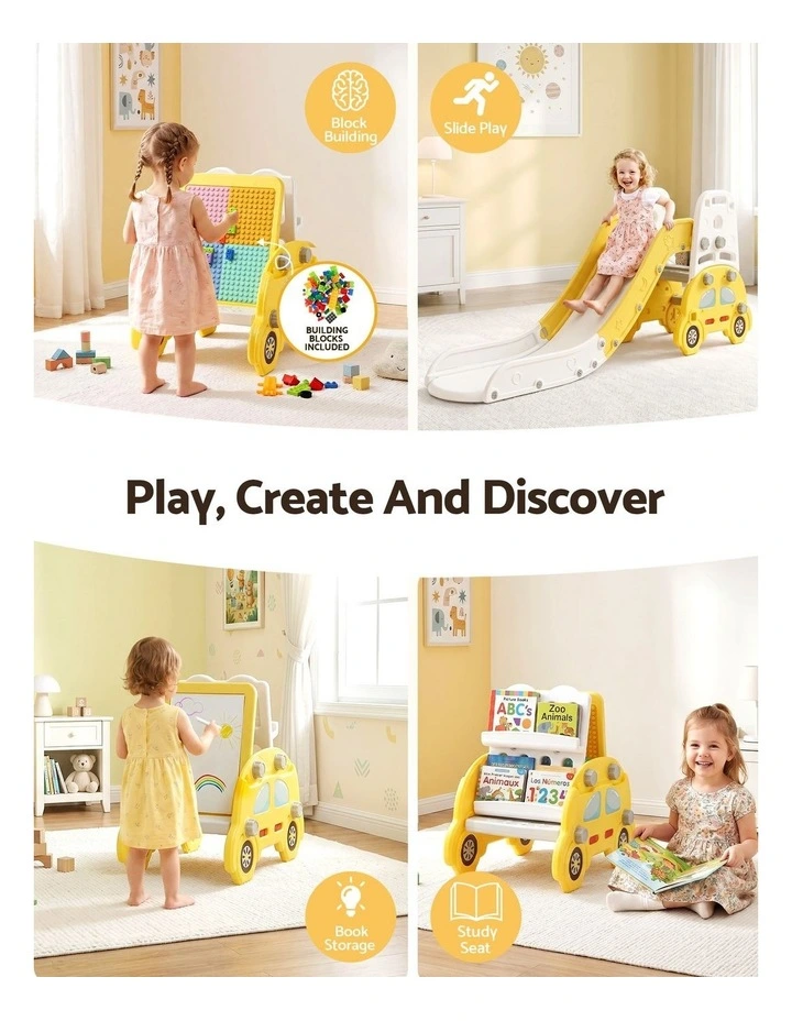 Keezi Kids Slide Set Toddler Indoor Playset Bookshelf Drawing Board Yellow image 5