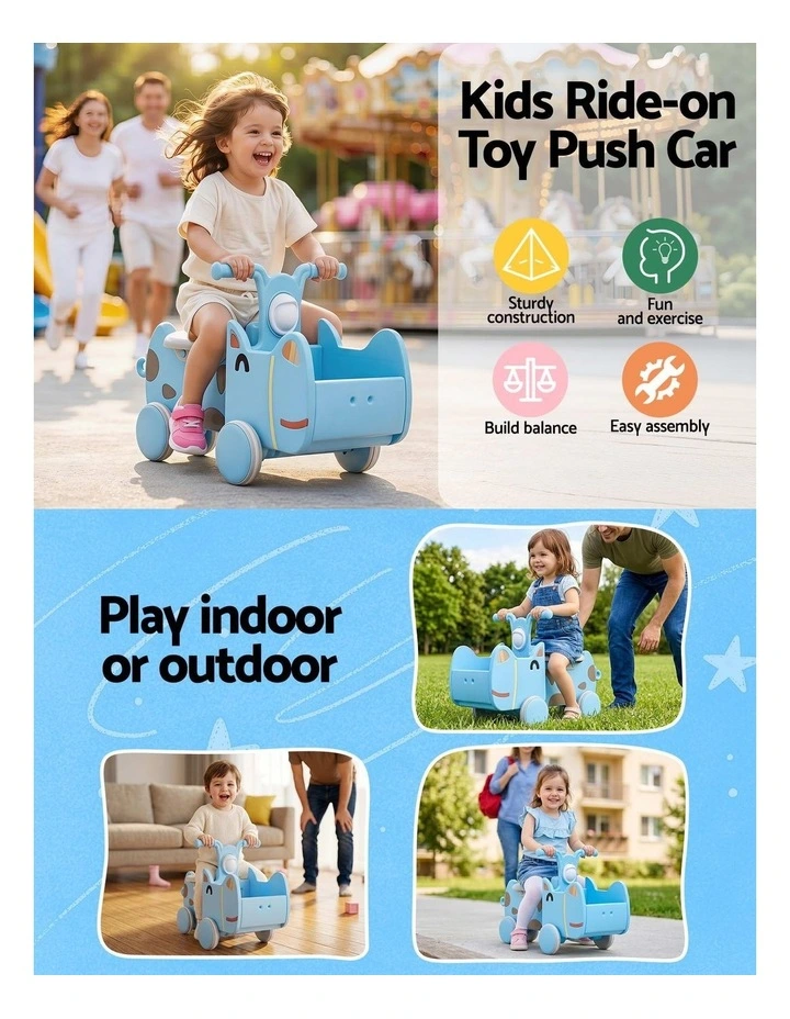 KEEZI Kids Ride On Push Car Toys with Storage Space Animal Stickers Blue 67CMX43CM image 4