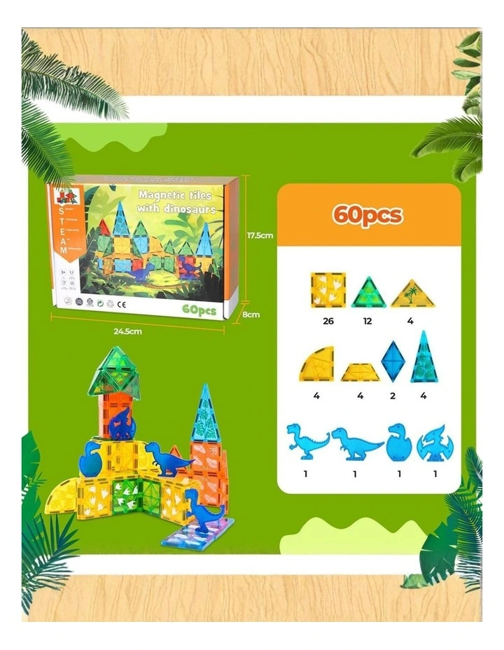 Bopeep Magnetic Building Tiles Blocks Kids STEM Toy Dinosaur 60Pcs image 3