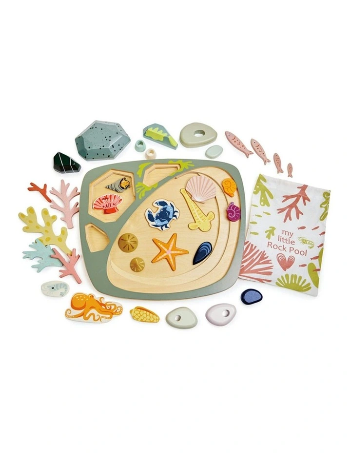 Tender Leaf Toys 35cm My Little Rock Pool Seashell Wood Toy Set w/ Pouch Kids 3 image 2