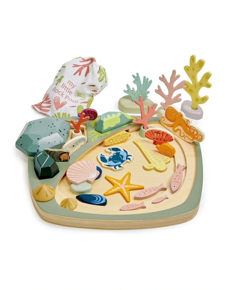 Tender Leaf Toys 35cm My Little Rock Pool Seashell Wood Toy Set w/ Pouch Kids 3 image 3