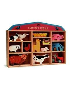 13pc Tender Leaf Toys 36cm Farmyard Animal Wood Toy Set w/Display Shelf Kids 3y 