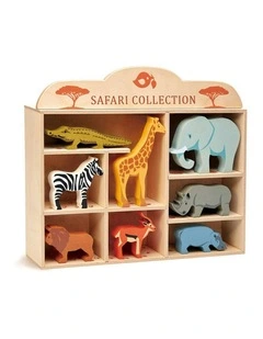 8pc Tender Leaf Toys 38cm Safari Animal Wooden Toy Set w/ Display Shelf Kids 3y 