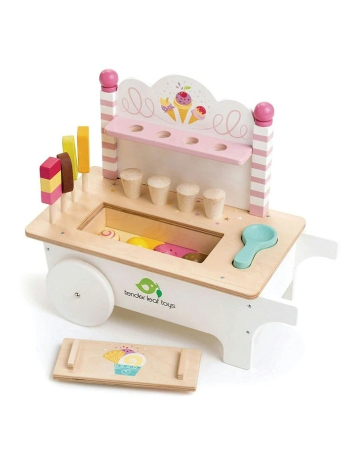 Tender Leaf Toys 37.5cm Push Along Ice Cream Cart Wood Toy Role-Play Set Kids 3  image 1