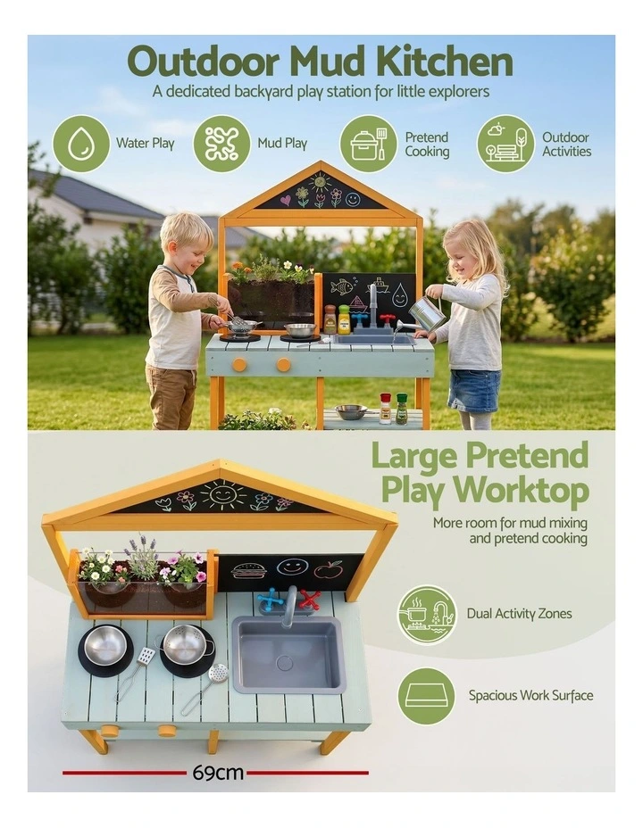 Keezi Kids Mud Kitchen Play Kitchen Toy Kitchen Set with Blackboard 110cm image 4