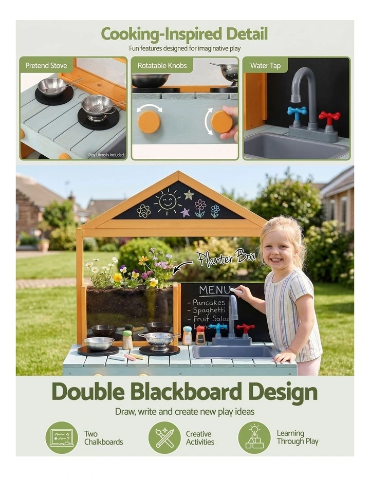 Keezi Kids Mud Kitchen Play Kitchen Toy Kitchen Set with Blackboard 110cm image 5