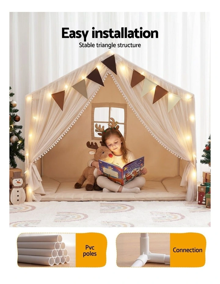 Keezi Kids Play Tent with Star Lights Windows Flag 144cmx95cm Playhouse image 4