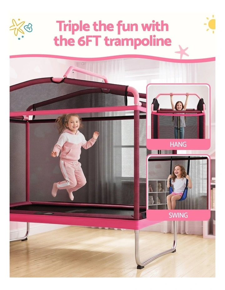 Everfit 3-in-1 Kids Rectangle 6FT Trampoline Rebounder with Swing Belt Pink image 4