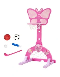 Keezi 3-in-1 Kids Basketball Hoop Soccer Goal Golf Game Set with Balls Pink