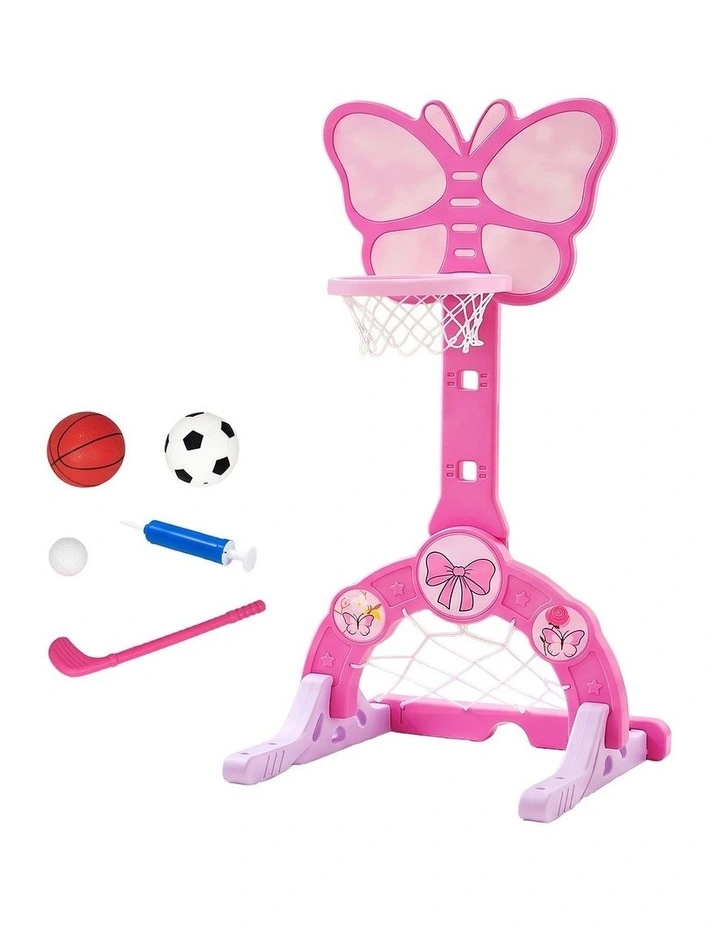 Keezi 3-in-1 Kids Basketball Hoop Soccer Goal Golf Game Set with Balls Pink image 1