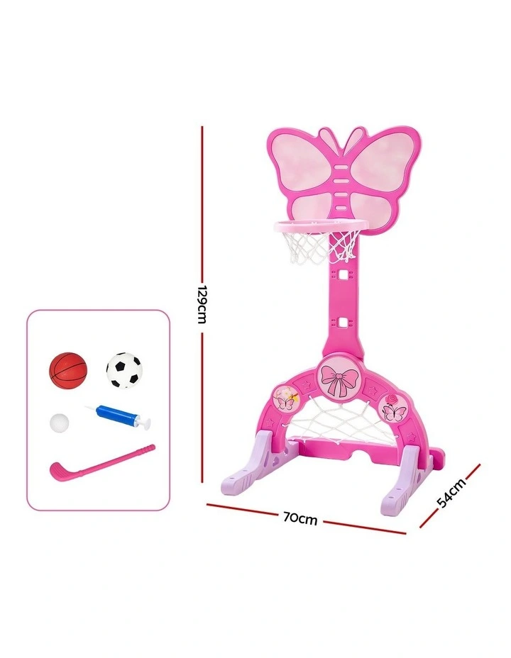 Keezi 3-in-1 Kids Basketball Hoop Soccer Goal Golf Game Set with Balls Pink image 2