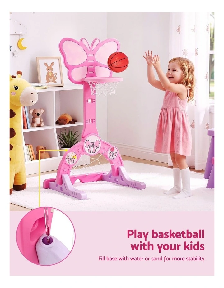Keezi 3-in-1 Kids Basketball Hoop Soccer Goal Golf Game Set with Balls Pink image 4