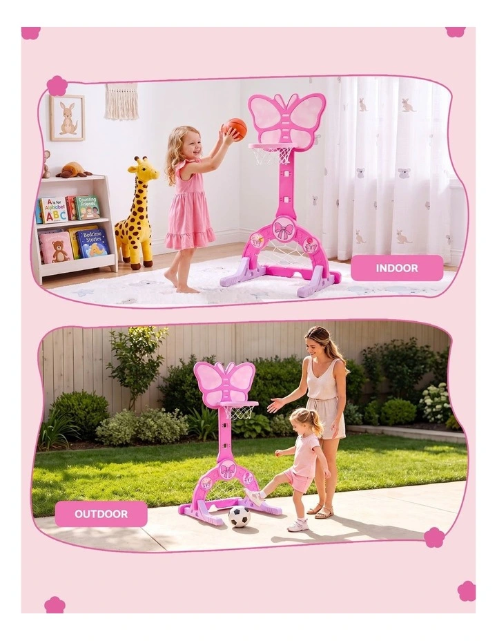Keezi 3-in-1 Kids Basketball Hoop Soccer Goal Golf Game Set with Balls Pink image 5