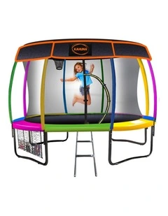 Kahuna Trampoline 14 ft with Basketball Set and Roof - Rainbow