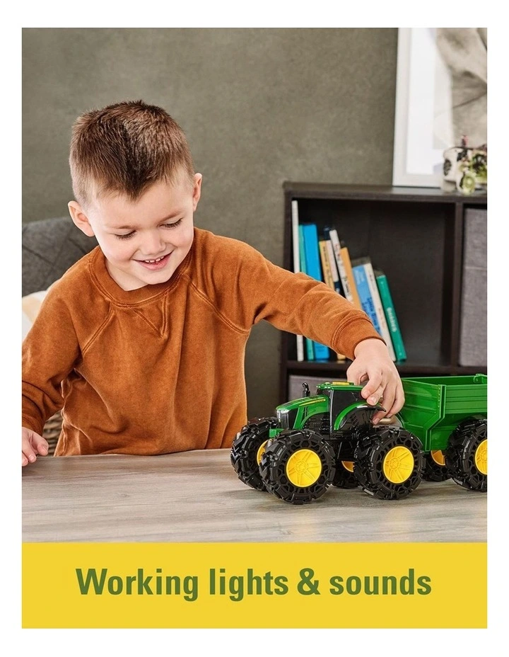 John Deere 38cm Monster Treads Tractor Kids Vehicle Toy w/ Wagon Light/Sounds 3  image 2