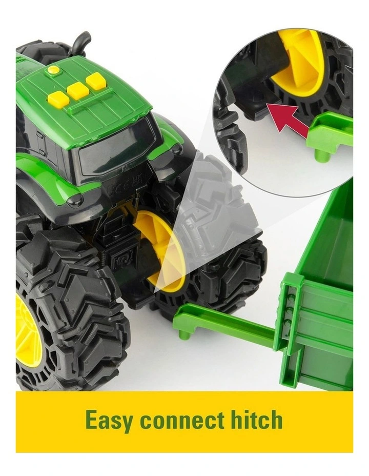 John Deere 38cm Monster Treads Tractor Kids Vehicle Toy w/ Wagon Light/Sounds 3  image 3