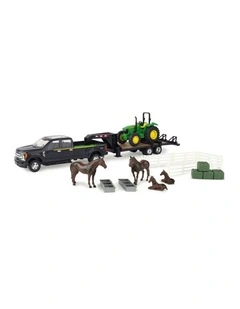 John Deere 1: 32 Ford Pickup w/John Deere Tractor On Trailer & Horses & Yard 3Y 
