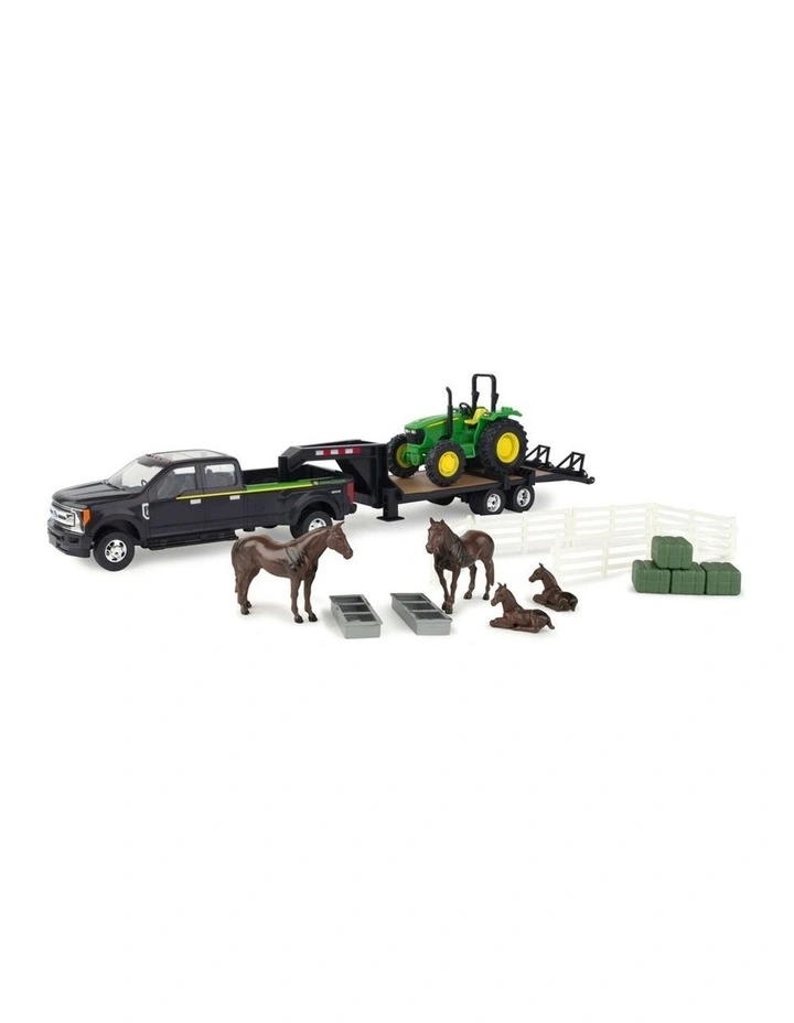 John Deere 1: 32 Ford Pickup w/John Deere Tractor On Trailer & Horses & Yard 3Y  image 1