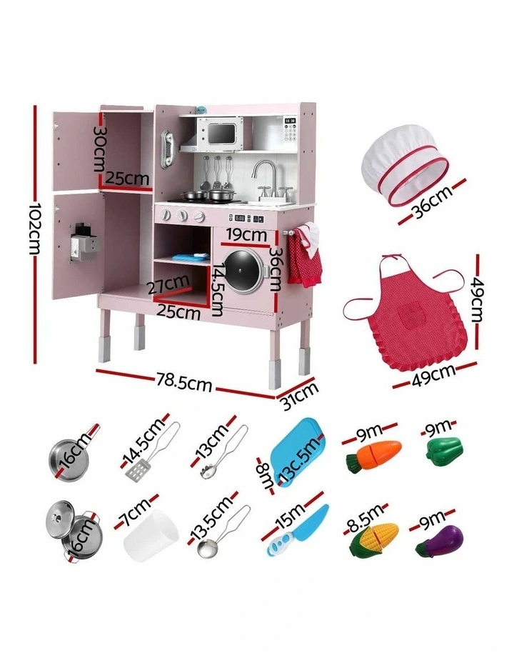 Keezi 102cm Wooden Pretend Kitchen Playset With Apron And Food Set1 Pink image 2