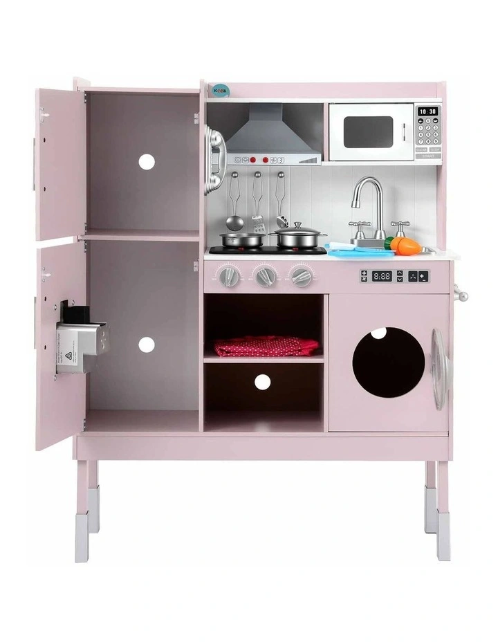 Keezi 102cm Wooden Pretend Kitchen Playset With Apron And Food Set1 Pink image 3