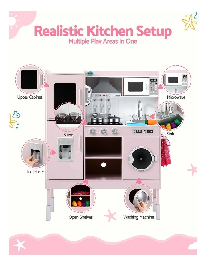 Keezi 102cm Wooden Pretend Kitchen Playset With Apron And Food Set1 Pink image 4
