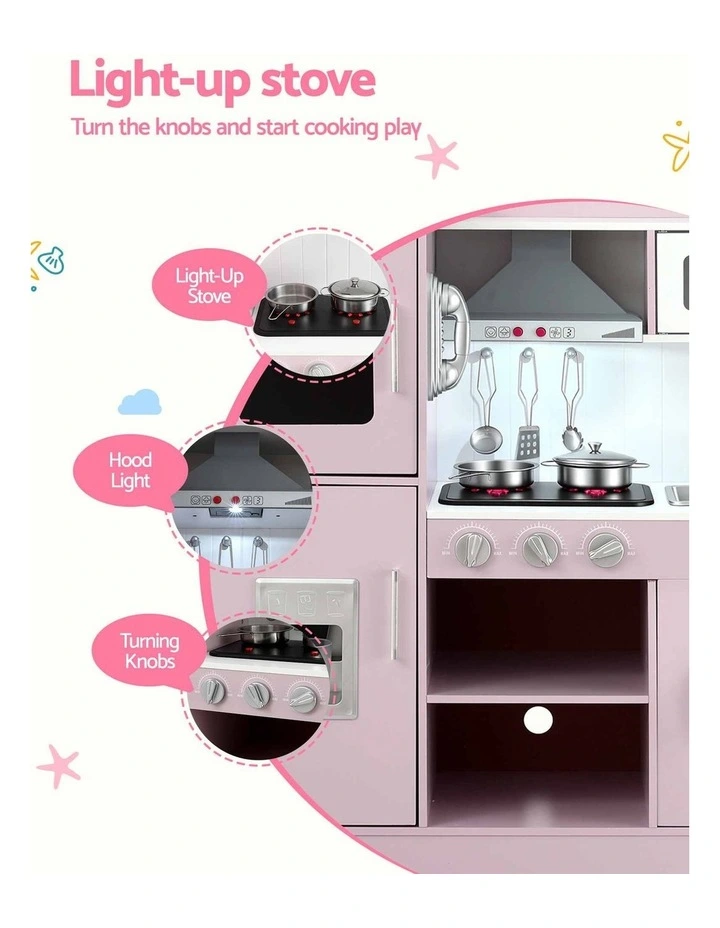 Keezi 102cm Wooden Pretend Kitchen Playset With Apron And Food Set1 Pink image 5