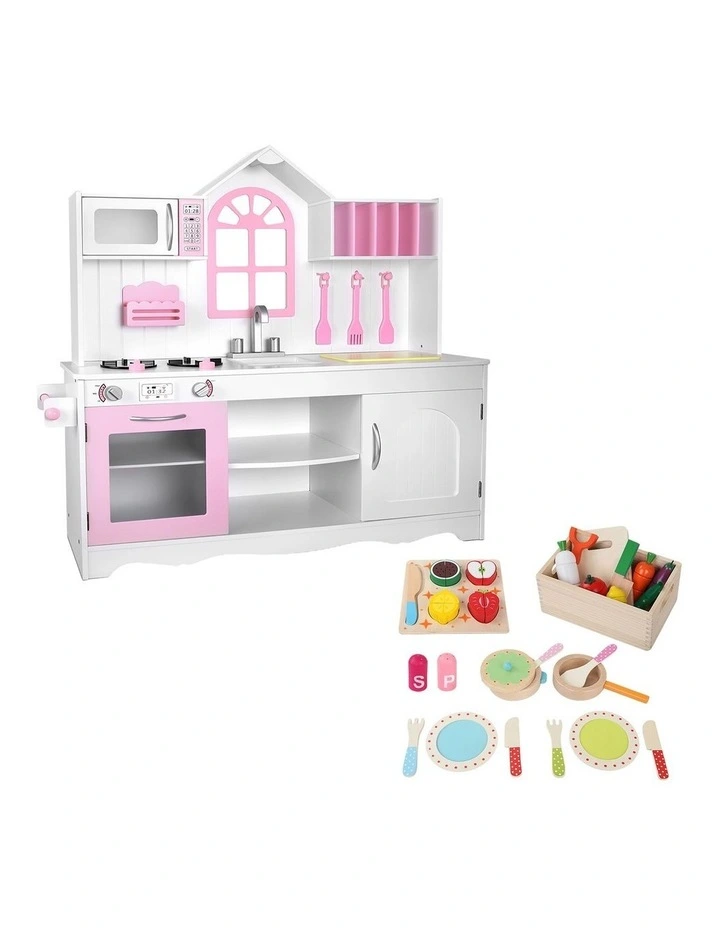 Keezi Wooden Kids Pretend Kitchen Playset with 29pc Food Set Pink White image 1