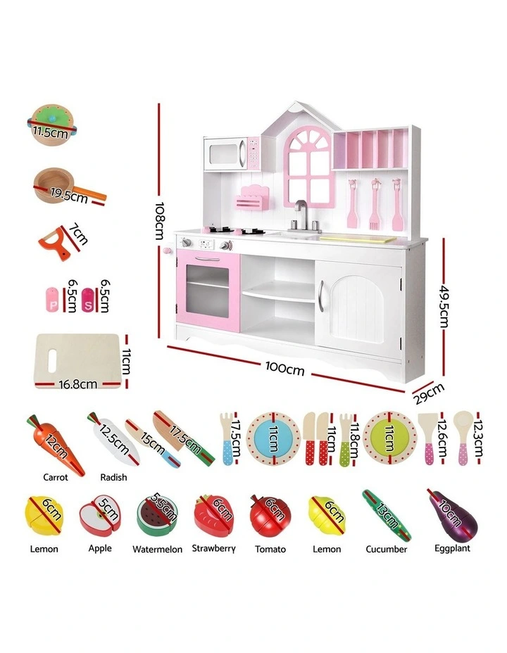 Keezi Wooden Kids Pretend Kitchen Playset with 29pc Food Set Pink White image 2