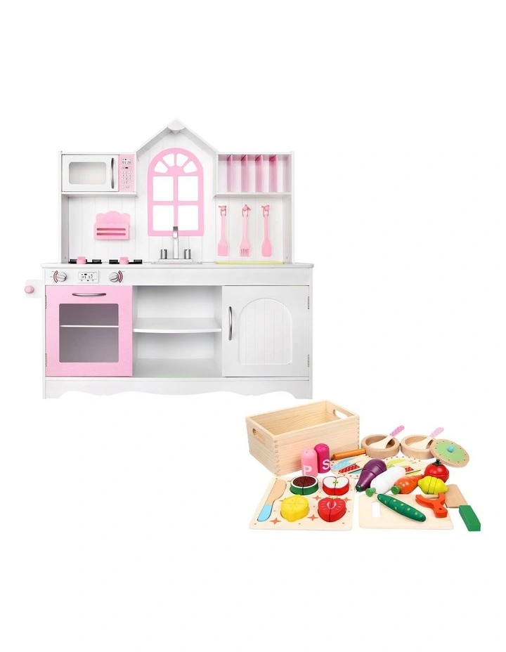 Keezi Wooden Kids Pretend Kitchen Playset with 29pc Food Set Pink White image 3